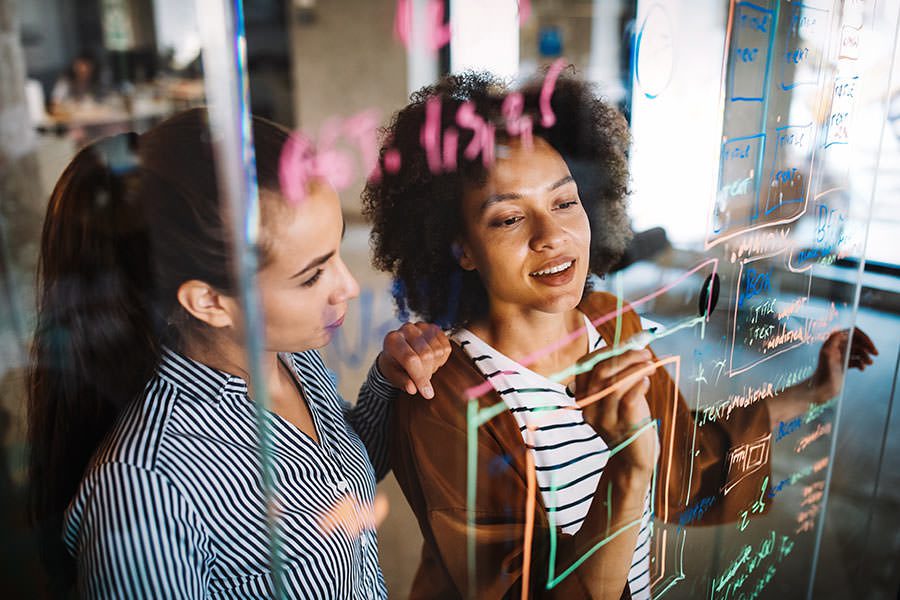 About - Two Women Employees Writing Notes on Clear Wall in Office